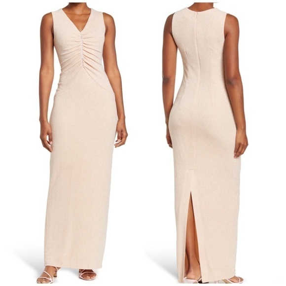 Calvin Klein Blossom Beige Nude Glitter Knit Gem Rhinestone Maxi Dress Size 8 - Picture 2 of 8